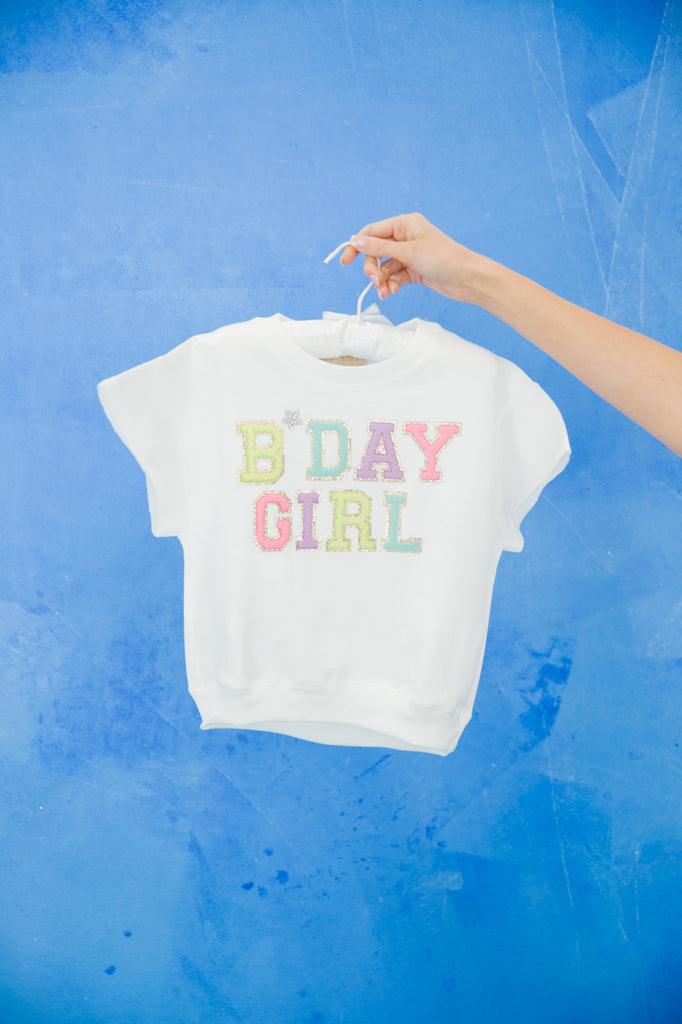 Kids white top with "bday girl" in colorful mini terry lettering and a silver rhinestone heart.