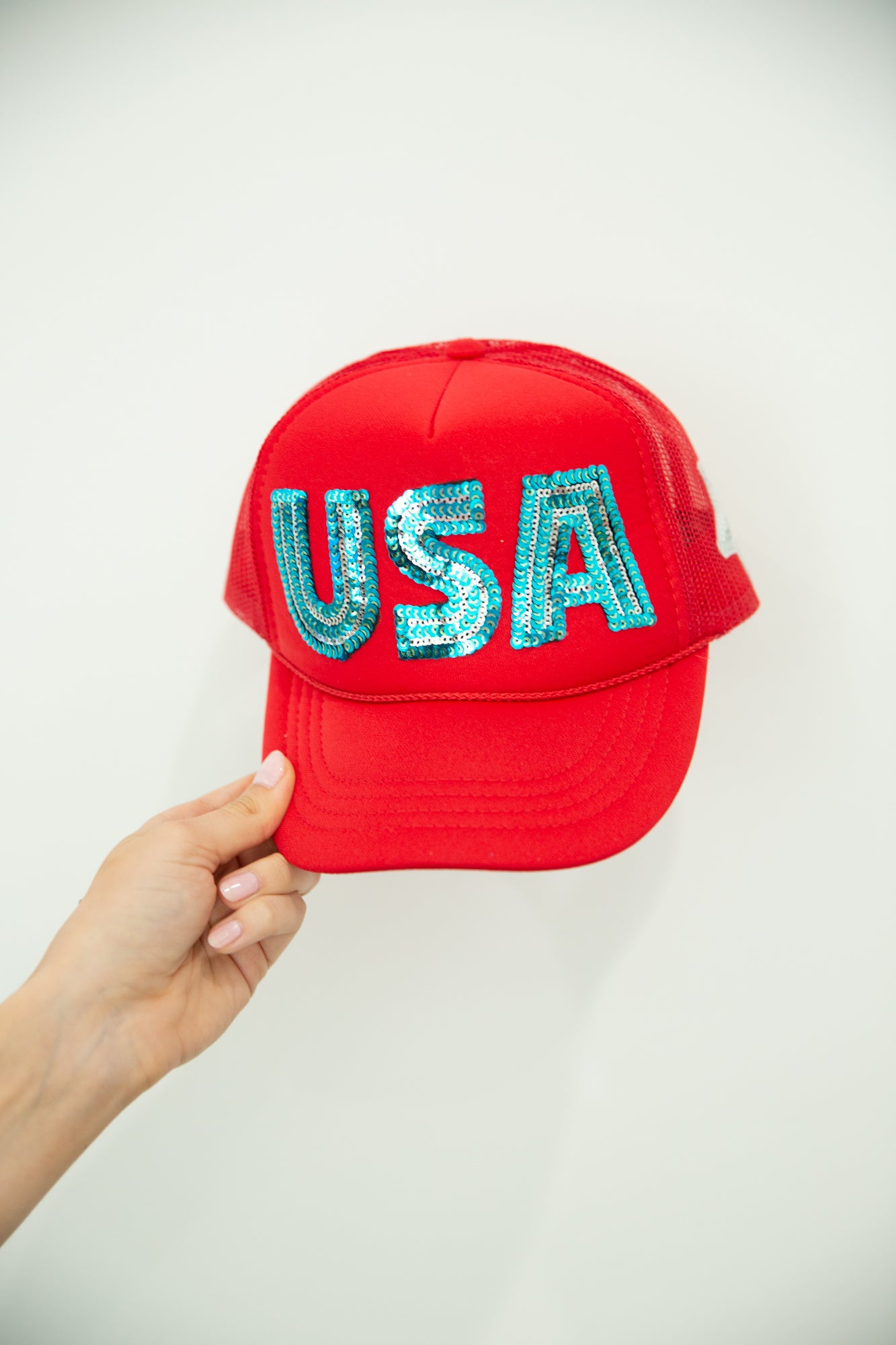 MINI KIDS RED WHITE AND SEQUIN TRUCKER HAT TRUCKER HAT Judith March RED