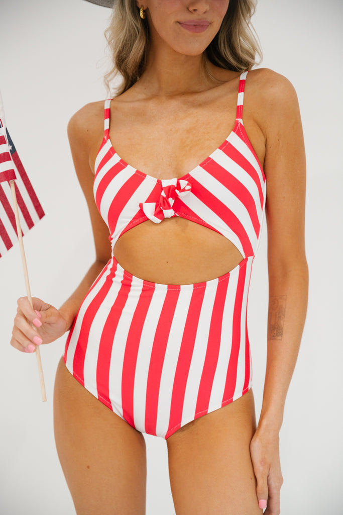 Red striped one piece swimsuit