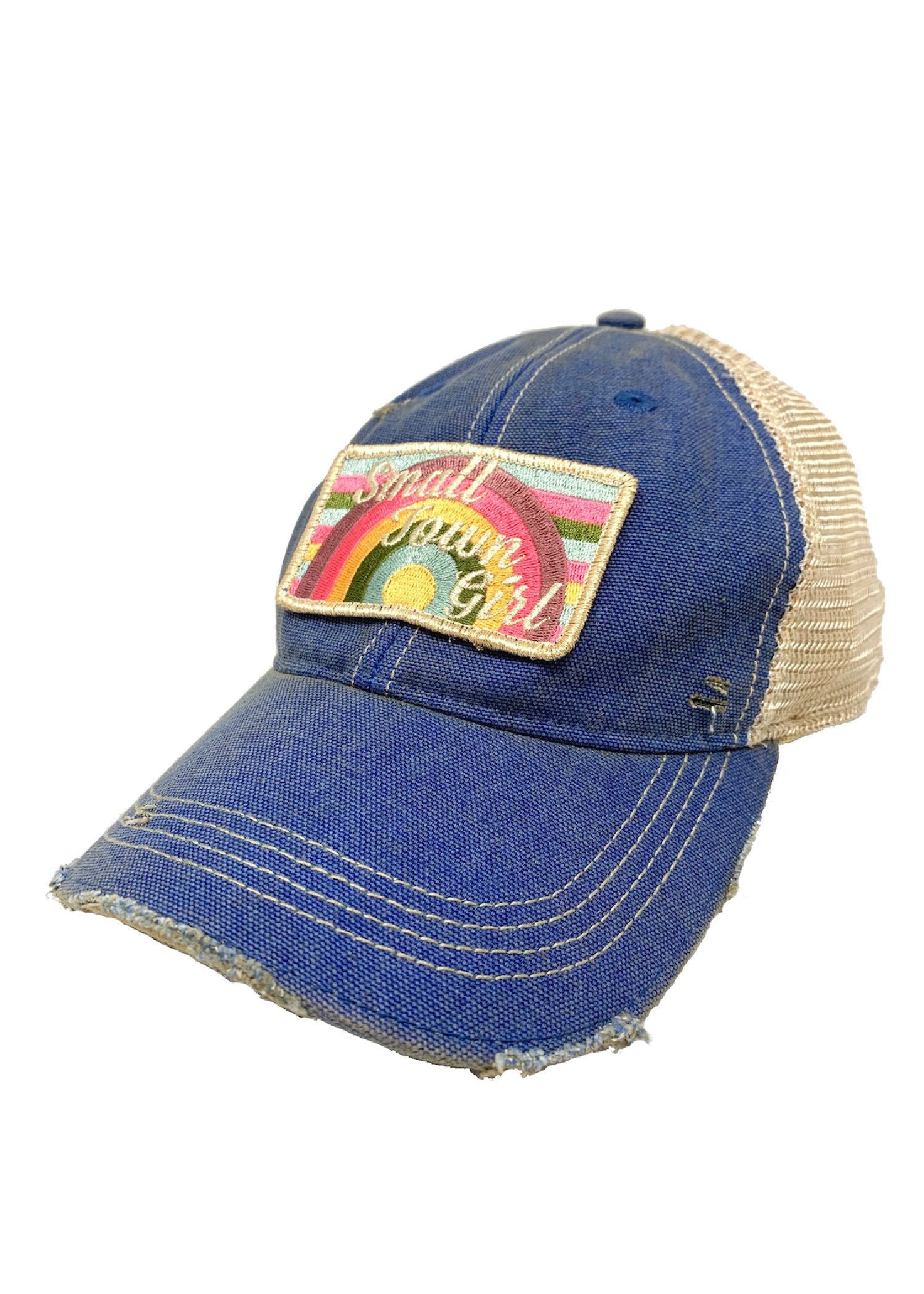 SMALL TOWN GIRL RAINBOW PATCH HAT Hats Judith March DENIM DISTRESSED