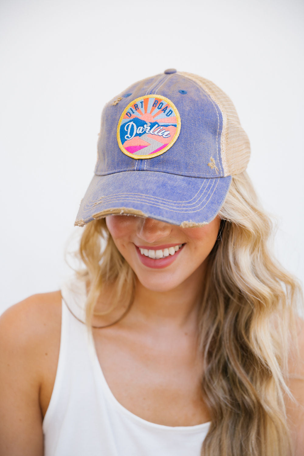 SUNSET DIRT ROAD DARLIN PATCH HAT Hats Judith March DENIM DISTRESSED