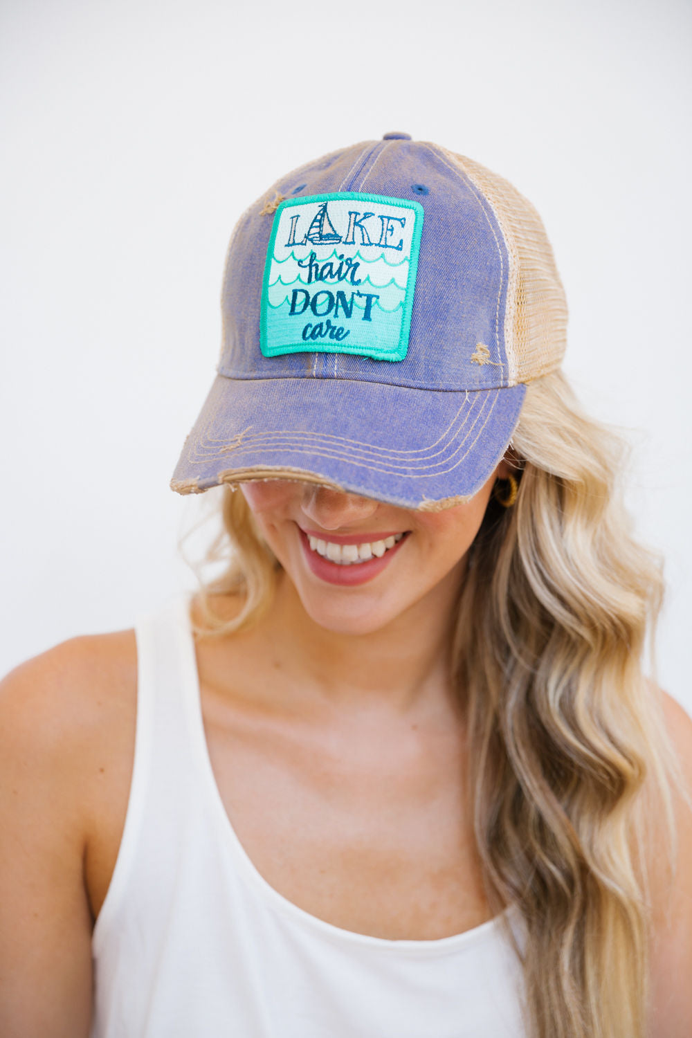 LAKE HAIR DON'T CARE PATCH HAT Hats Judith March DENIM DISTRESSED