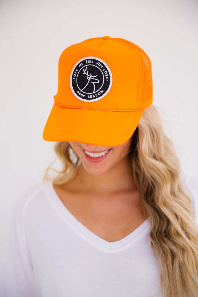 LOVE ME LIKE YOU LOVE DEER SEASON PATCH HAT Hats Judith March ORANGE TRUCKER