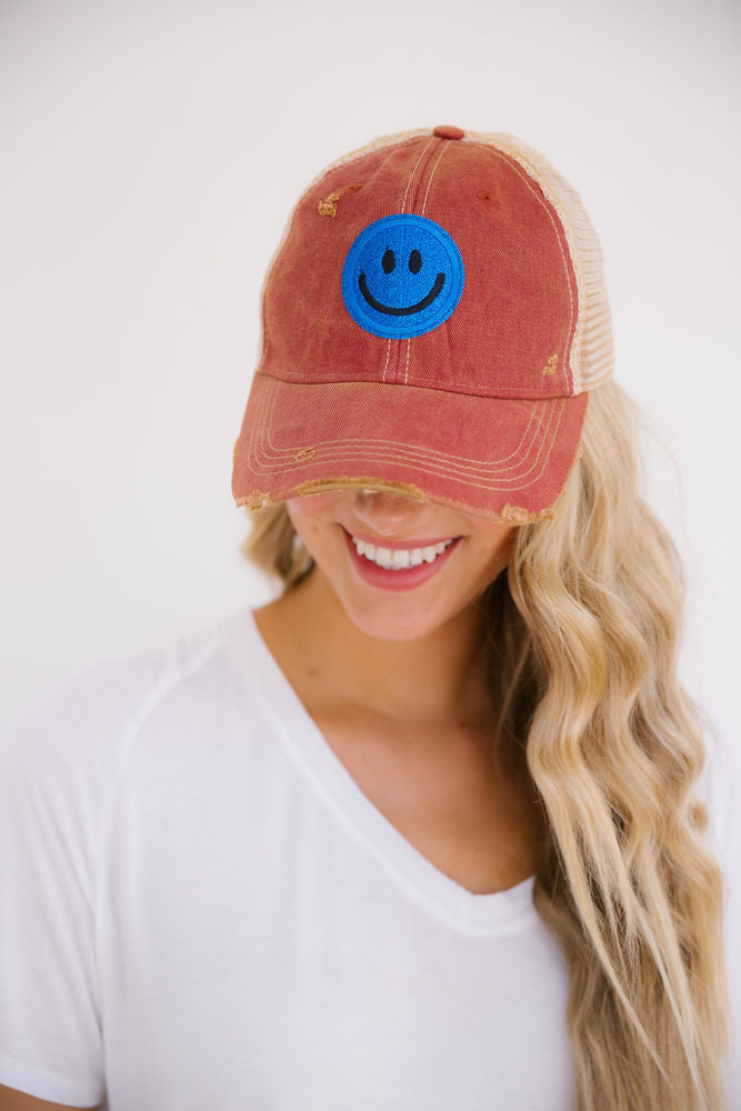 BLUE SMILEY PATCH RED HAT Hats Judith March RUST DISTRESSED