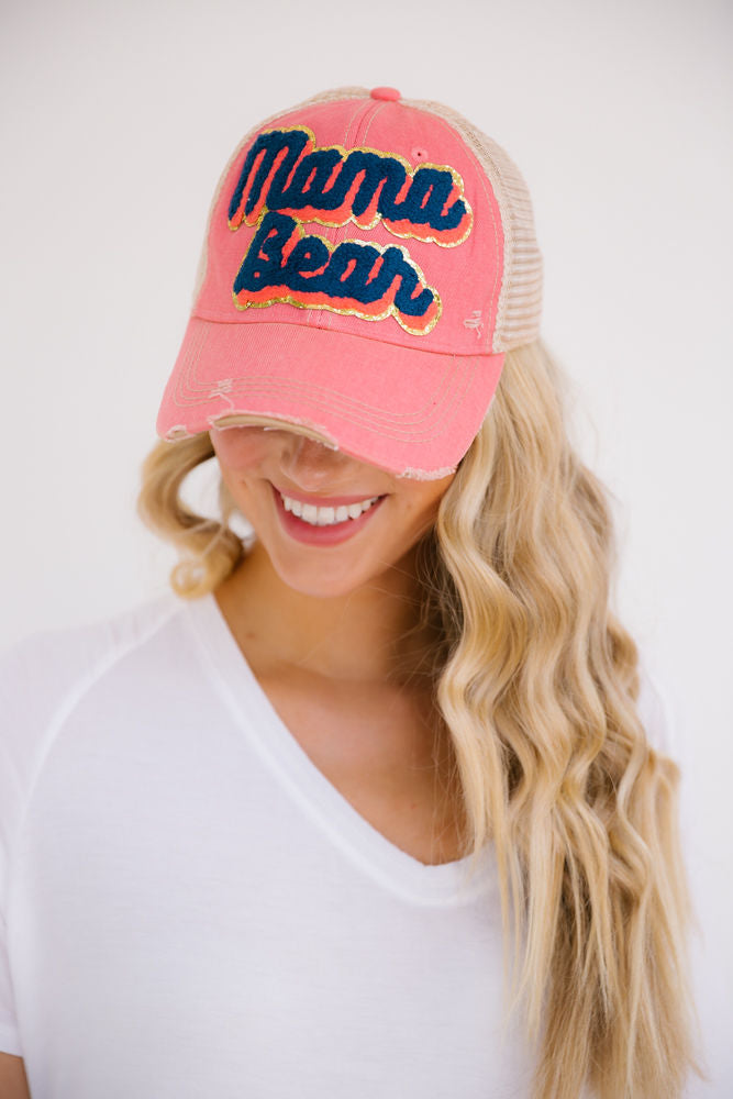 MAMA BEAR GOLD TRIM PATCH HAT Hats Judith March CORAL