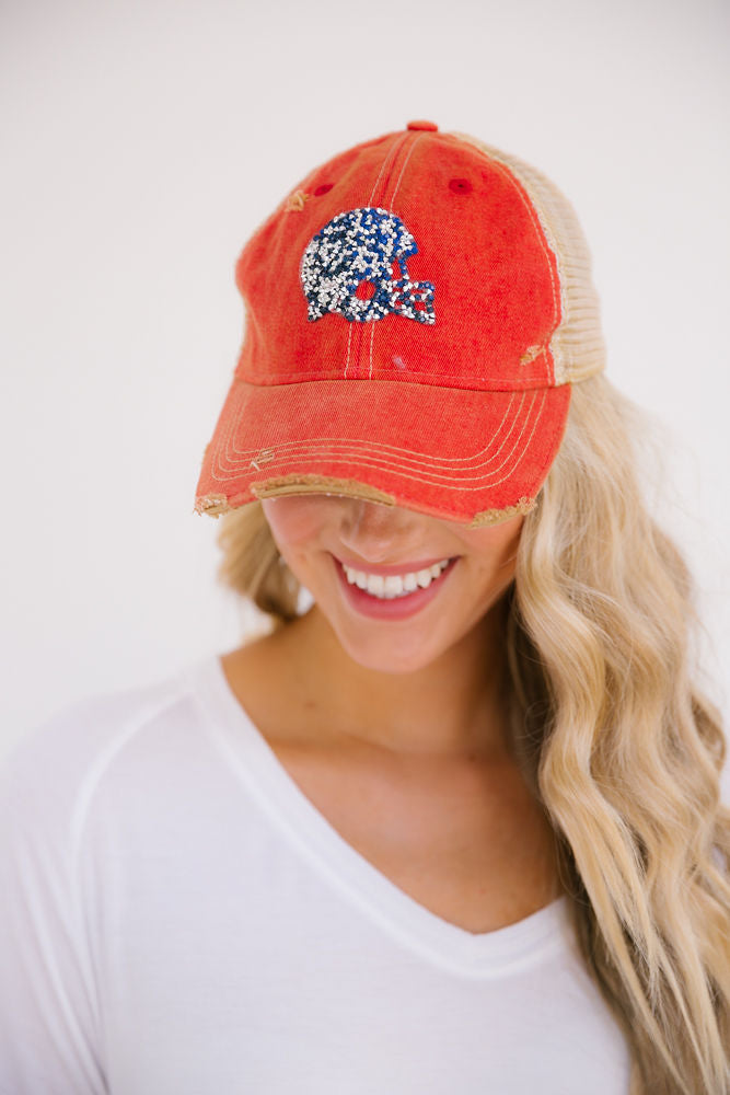 custom football helmet hat Custom Football Helmet Patch Hat-red On Red Distressed