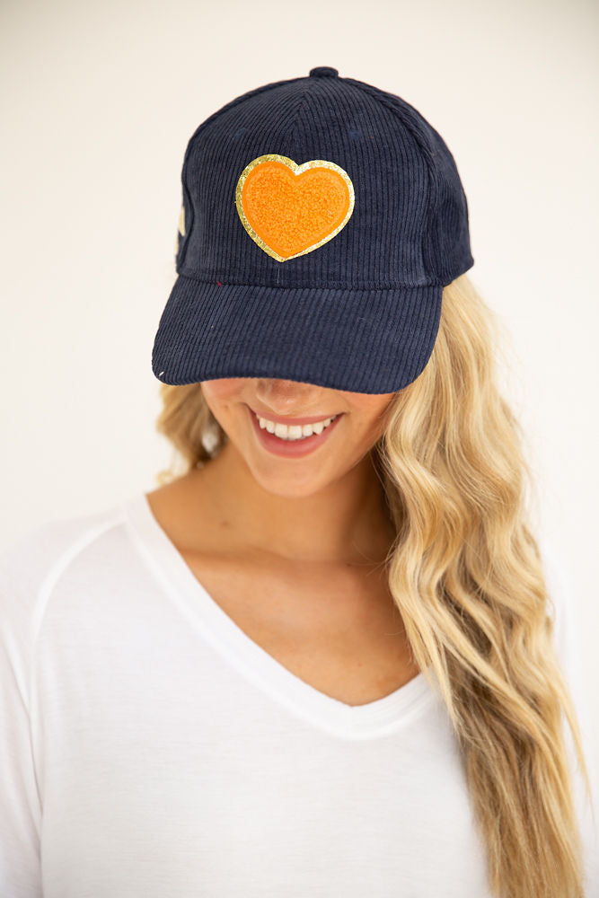 LOVIN' YOU IS EASY CORDUROY PATCH HAT Hats Judith March NAVY CORDUROY - ORANGE HEART