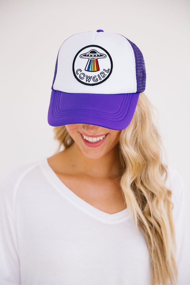 SPACE COWGIRL PATCH HAT Hats Judith March PURPLE/ WHITE TRUCKER