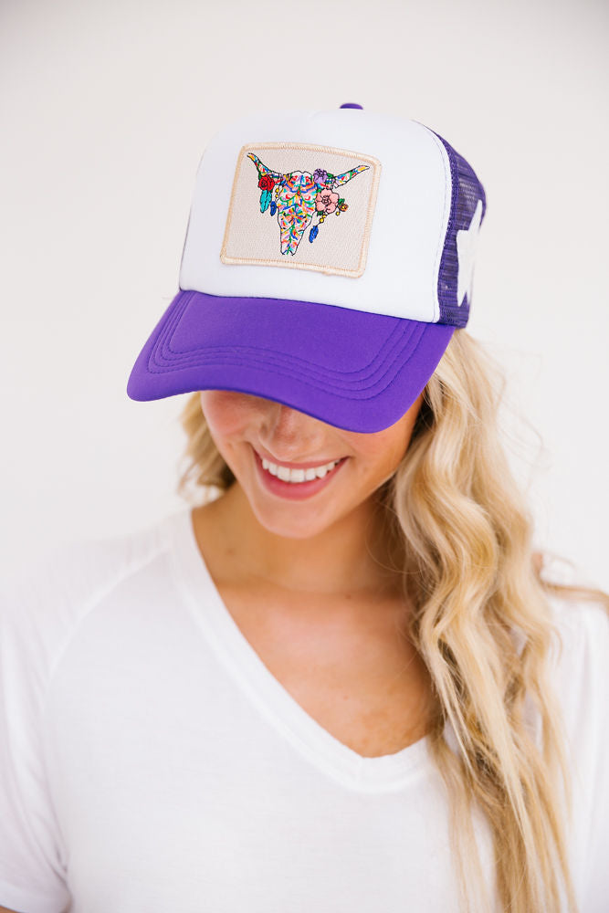 BOHO STEERHEAD PATCH HAT Hats Judith March PURPLE TRUCKER -WHITE STAR