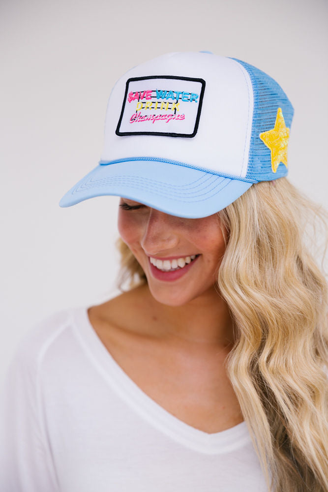 SAVE WATER DRINK CHAMPAGNE TRUCKER HAT HAT Judith March