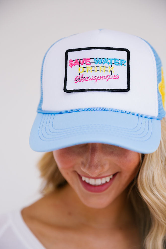 SAVE WATER DRINK CHAMPAGNE TRUCKER HAT HAT Judith March