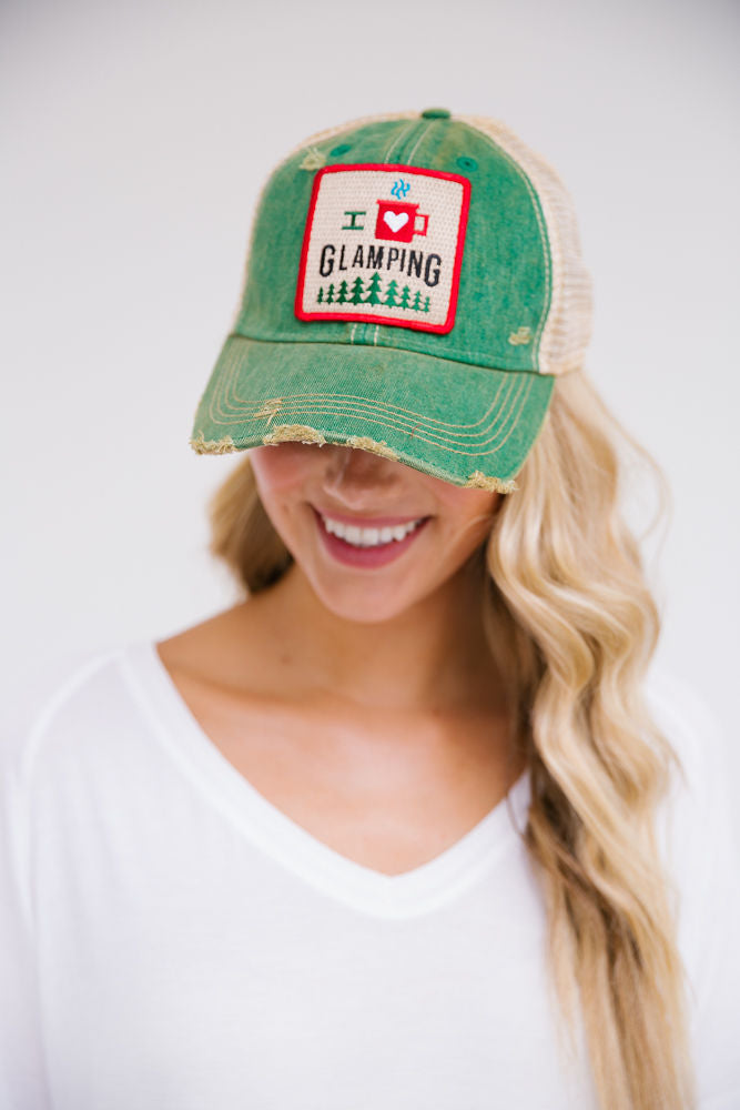 I LOVE GLAMPING PATCH HAT Hats Judith March DARK GREEN DISTRESSED