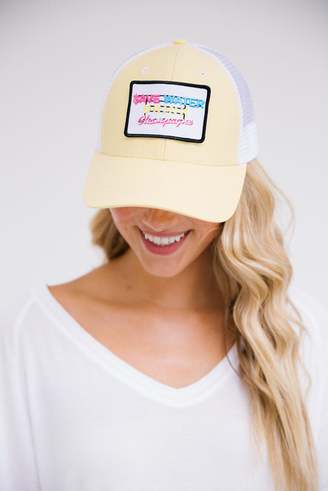 SAVE WATER DRINK CHAMPAGNE PATCH HAT Hats Judith March YELLOW STRUCTURED