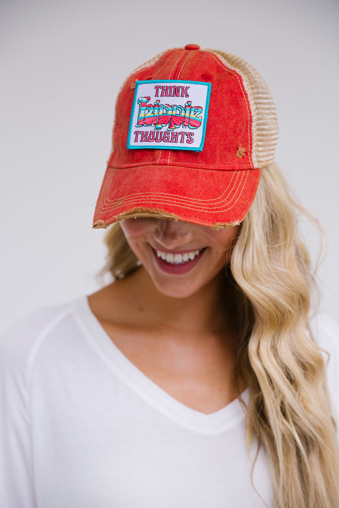 THINK HIPPIE THOUGHTS PATCH HAT Hats Judith March RED DISTRESSED