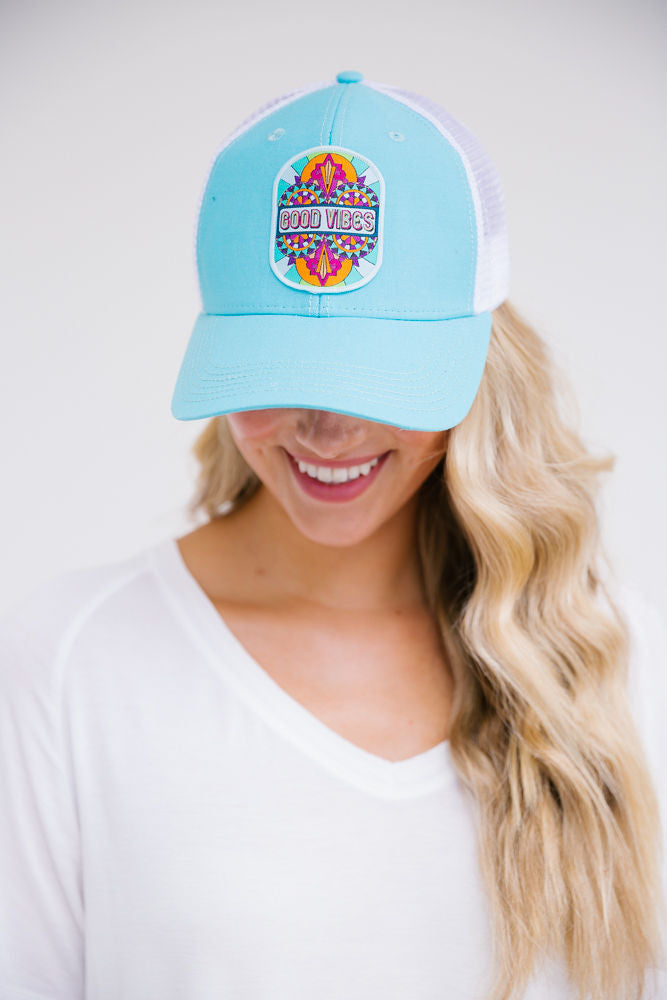 GOOD VIBES PATCH HAT Hats Judith March TURQUOISE STRUCTURED