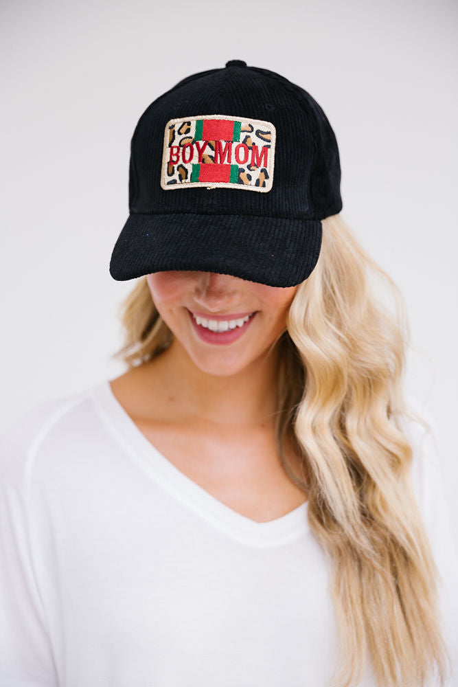 BOY MOM LEOPARD PATCH HAT Hats Judith March BLACK CORDUROY