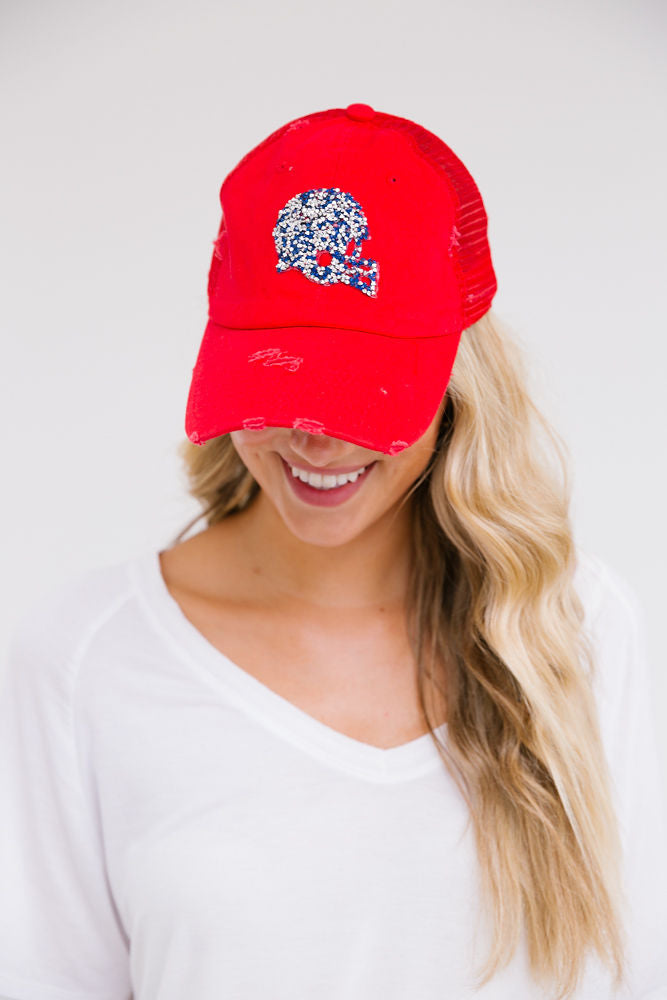 CUSTOM FOOTBALL HELMET PATCH HAT Hats Judith March RED ON RED DISTRESSED