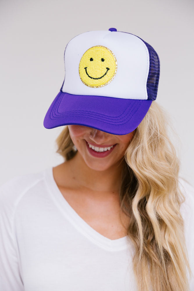 YELLOW SMILEY PATCH HAT Hats Judith March PURPLE/WHITE TRUCKER