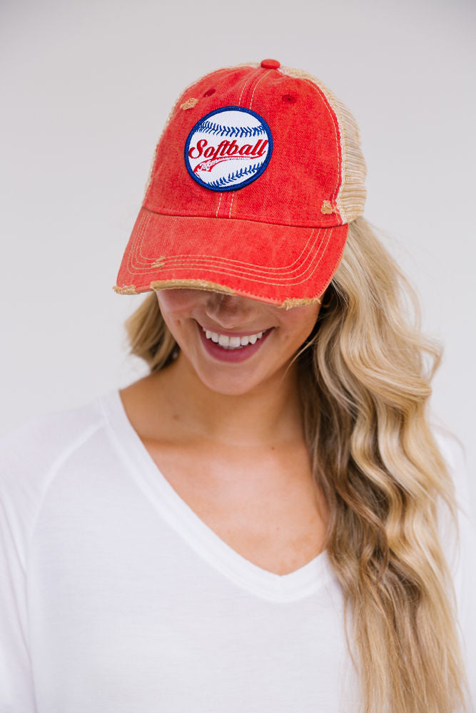 SOFTBALL MOM PATCH HAT Hats Judith March RED DISTRESSED