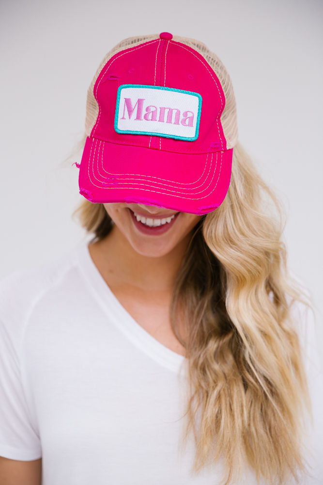 MAMA PATCH HAT - DISTRESSED Hats Judith March FUSCIA DISTRESSED