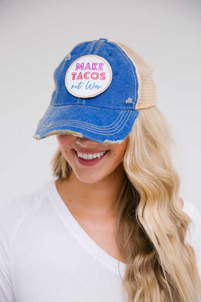 MAKE TACOS NOT WAR PATCH HAT Hats Judith March DENIM DISTRESSED