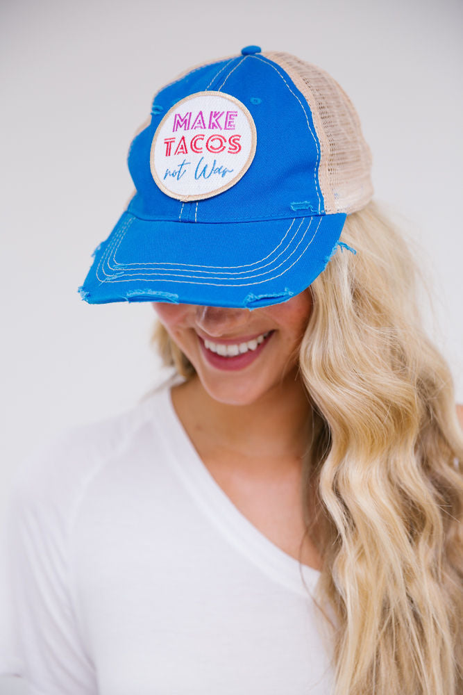 MAKE TACOS NOT WAR PATCH HAT Hats Judith March ROYAL DISTRESSED