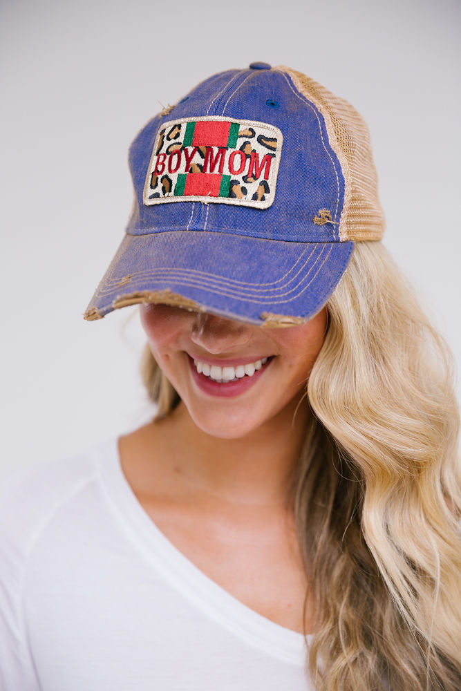 BOY MOM LEOPARD PATCH HAT Hats Judith March DENIM DISTRESSED