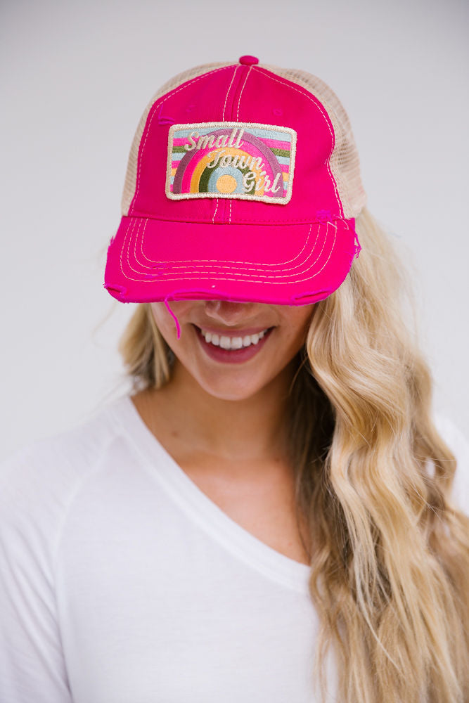 SMALL TOWN GIRL RAINBOW PATCH HAT Hats Judith March FUCHSIA DISTRESSED