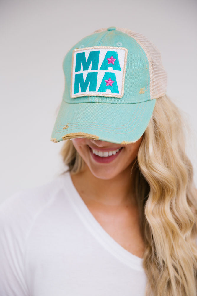 STAR MAMA DISTRESSED PATCH HAT HATS Judith March SEAFOAM DISTRESSED