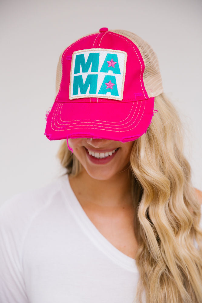 STAR MAMA DISTRESSED PATCH HAT HATS Judith March FUSCHIA DISTRESSED