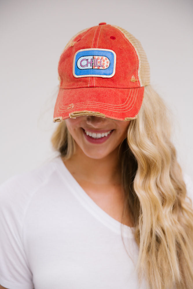CHILL PILL PATCH HAT Hats Judith March RED DISTRESSED