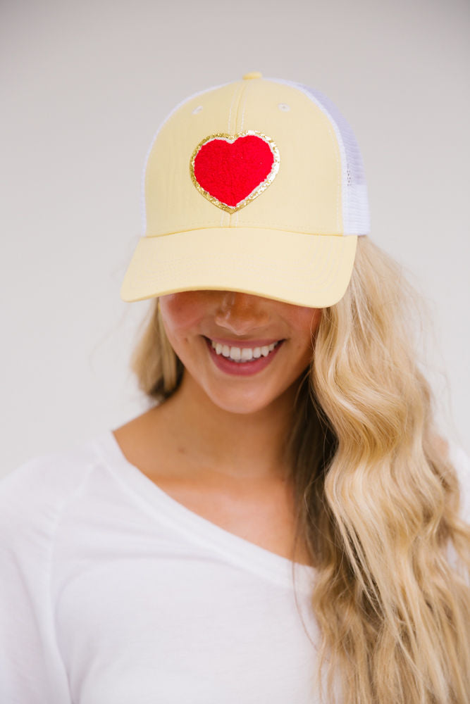 TERRY HEART PATCH HAT - YELLOW ACCESSORIES Judith March YELLOW STRUCTURED - RED HEART