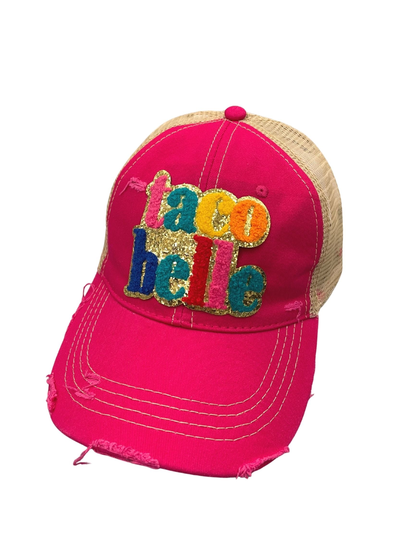 TACO BELLE TERRY LETTER PATCH HAT Hats Judith March PINK DISTRESSED
