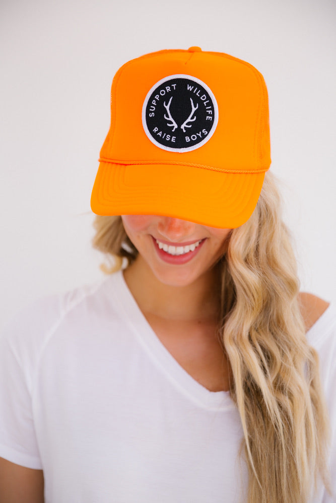 SUPPORT WILDLIFE RAISE BOYS PATCH HAT Hats Judith March ORANGE TRUCKER