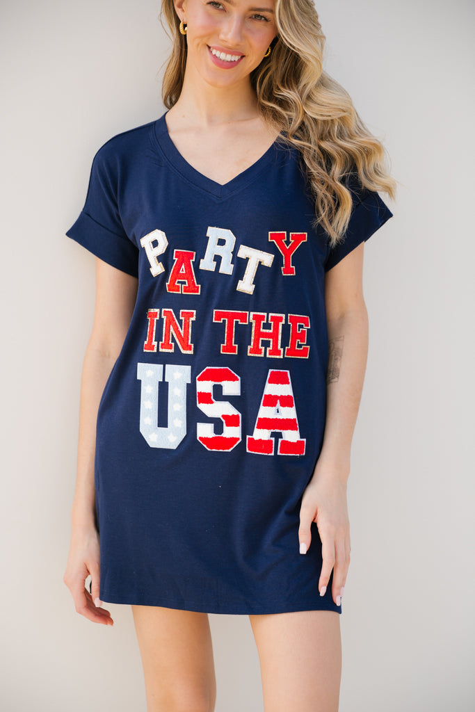 Navy t-shirt dress with USA style "Party In The USA" letters