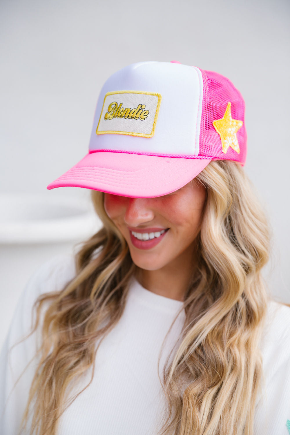 BLONDIE PATCH TRUCKER HAT HAT Judith March HOT PINK/WHITE TRUCKER