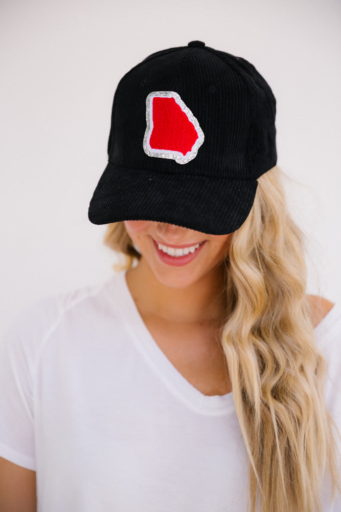 Black corduroy baseball hat with red Georgia state patch