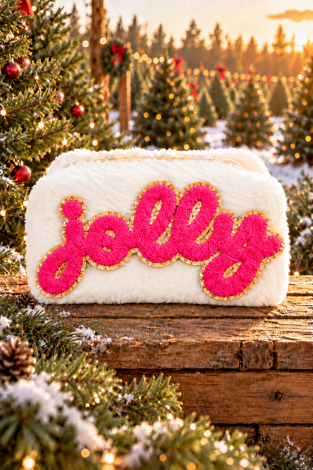 HOLLY JOLLY CREAM FUZZY BAG bow Judith March PINK