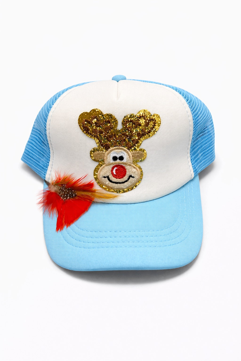 *MINI KIDS RUDOLPH RED FEATHER BLUE TRUCKER HAT HAT Judith March