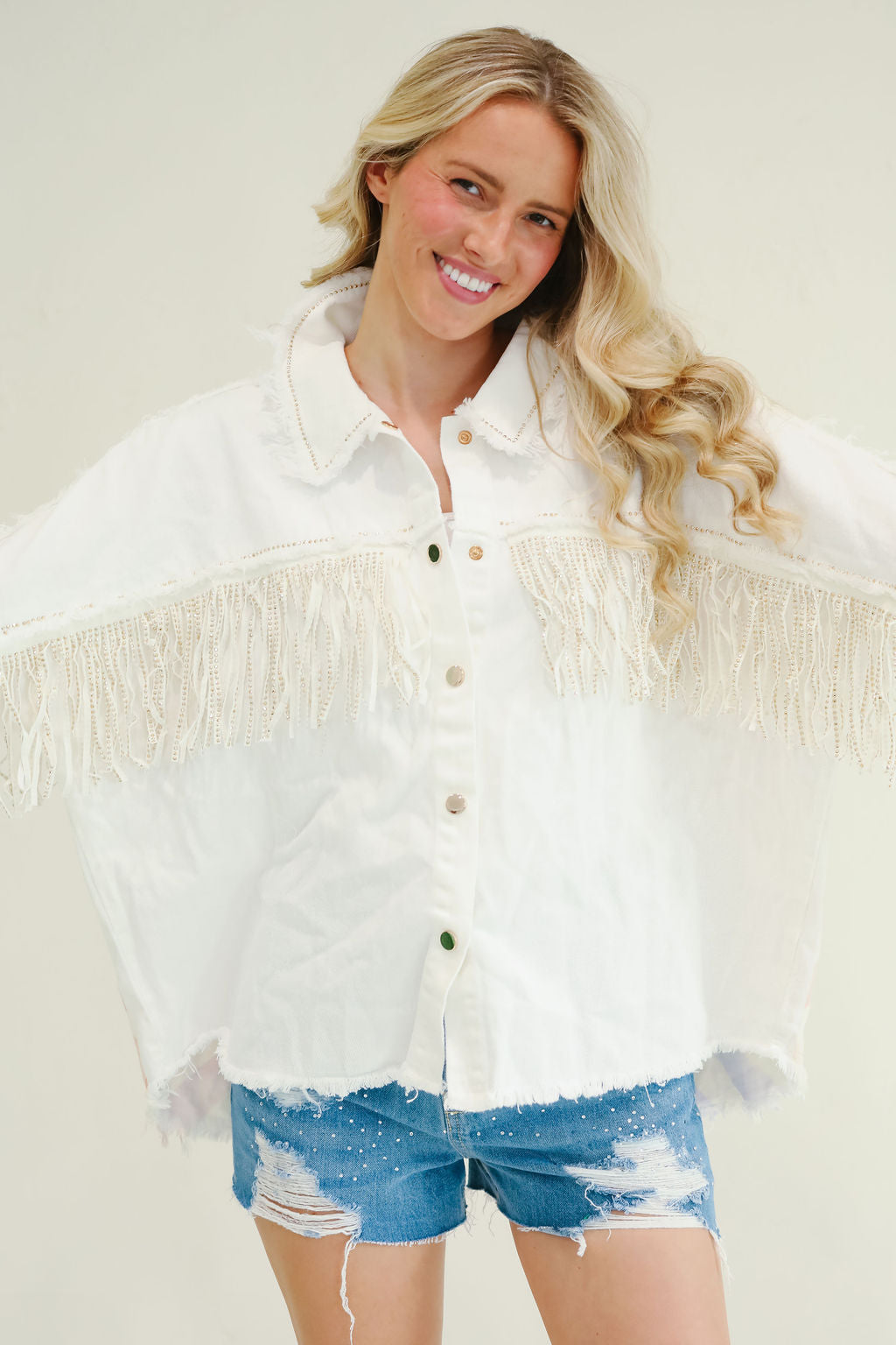 *WHITE DENIM FRINGE JACKET - MULTIPLE SIZES DRESS Judith March