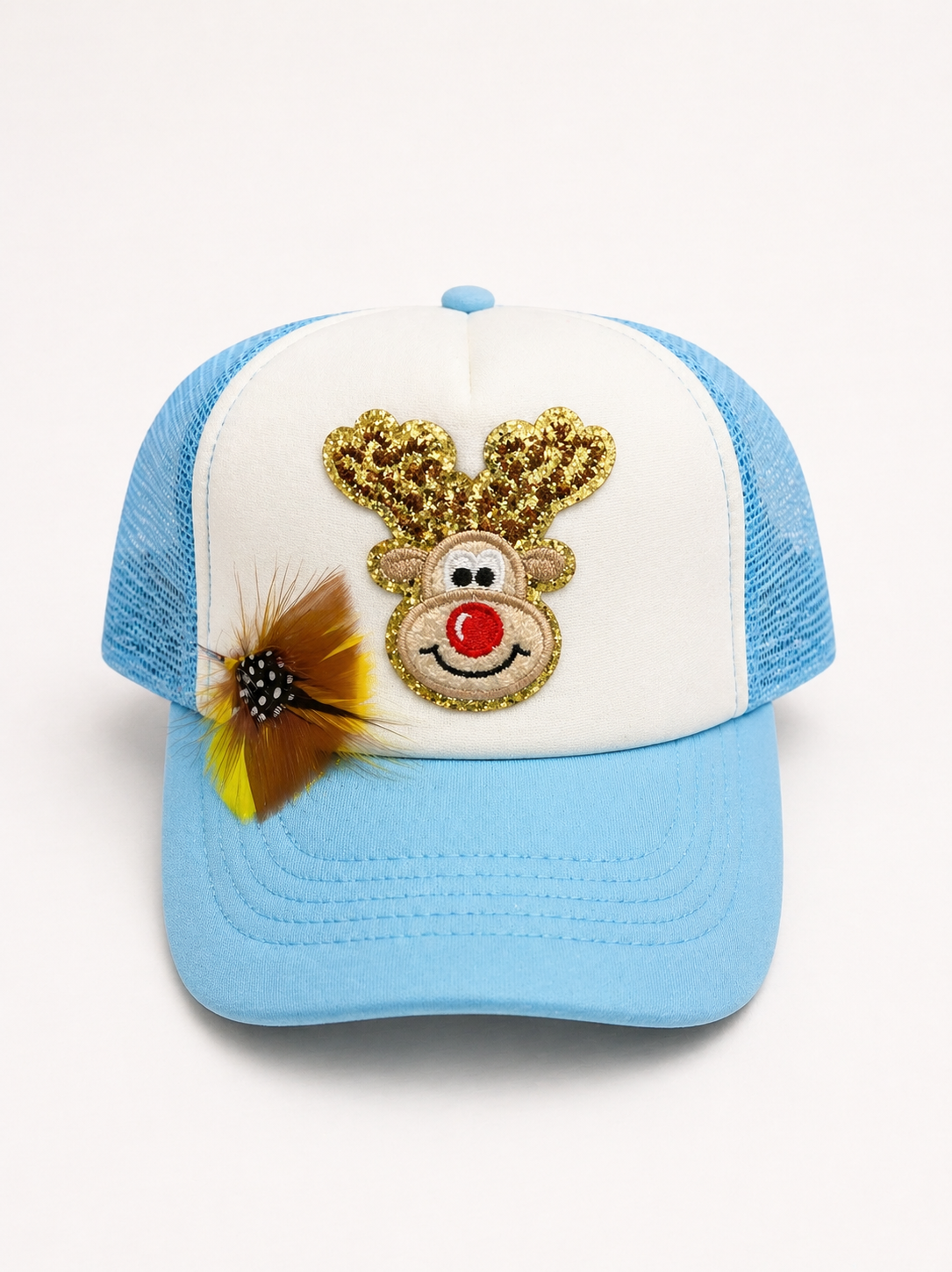 *MINI KIDS RUDOLPH YELLOW FEATHER BLUE TRUCKER HAT HAT Judith March