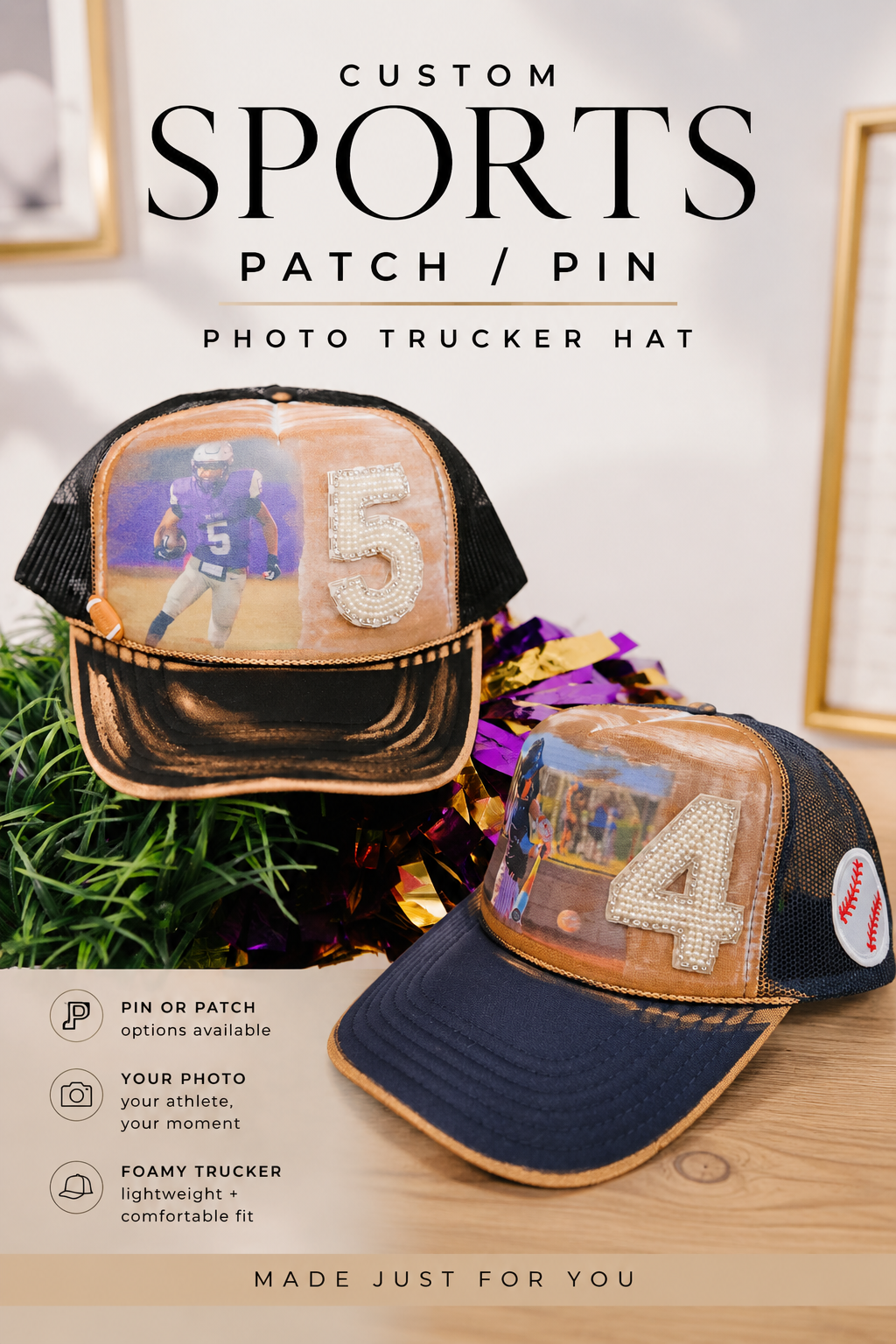 CUSTOM SPORTS PATCH/PIN PHOTO TRUCKER HAT HAT Judith March