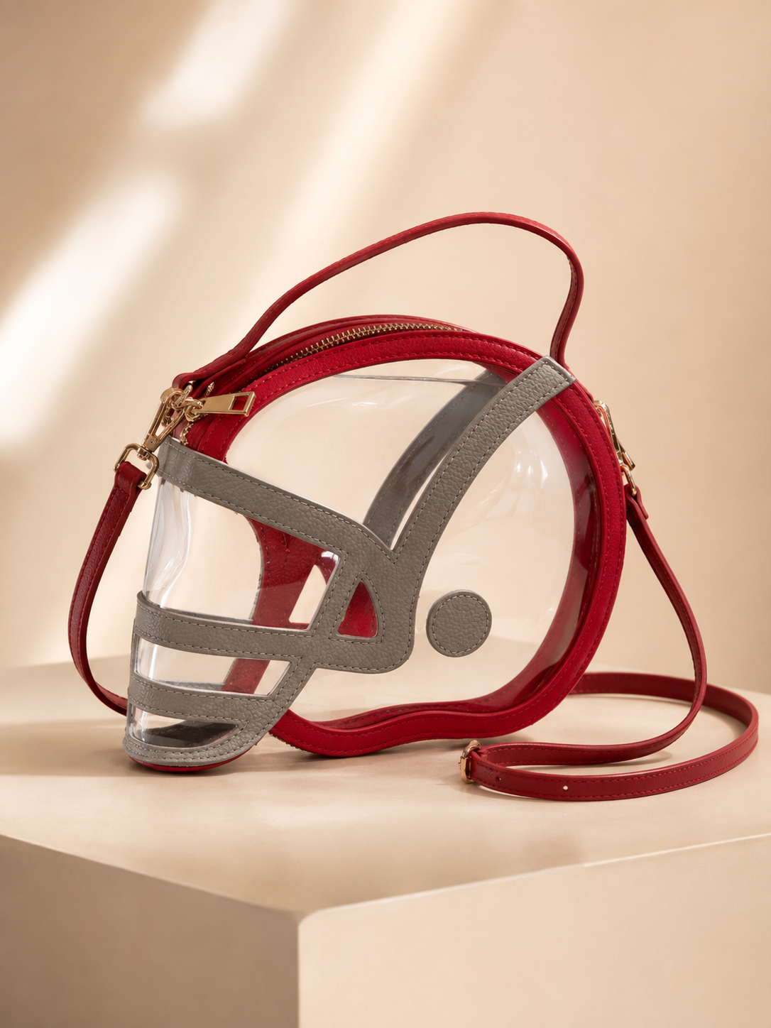 HELMET HANDLE CLEAR BAG PURSE Judith March CRIMSON/GREY