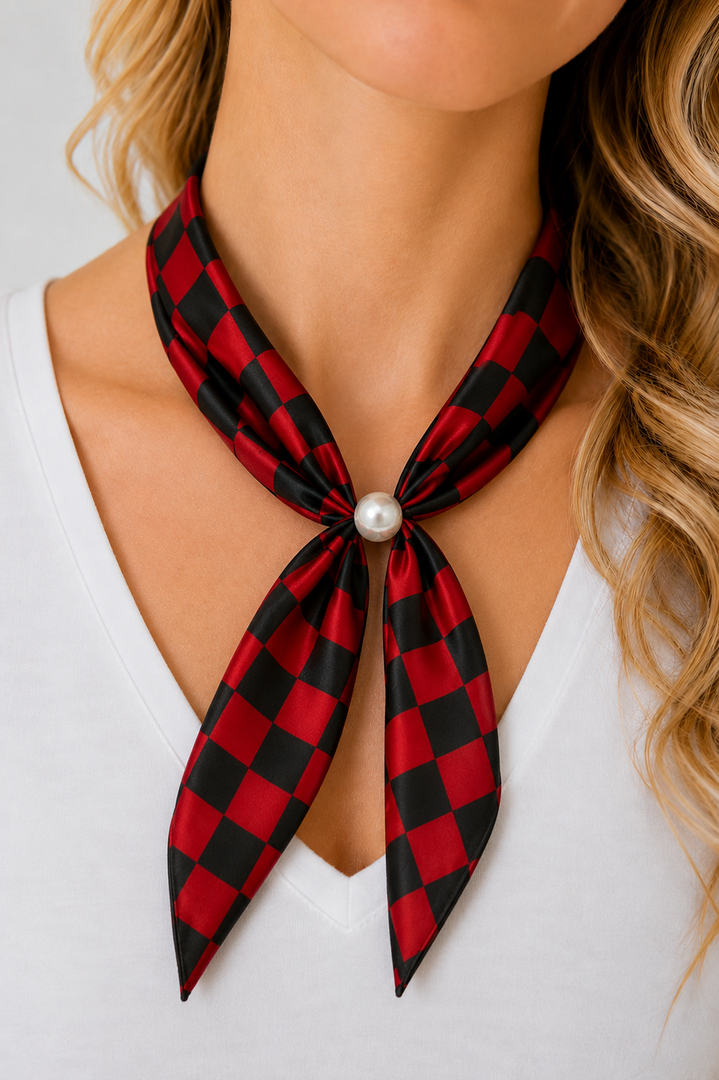 CHECKERED PEARL RED/BLACK SCARF NECKLACE