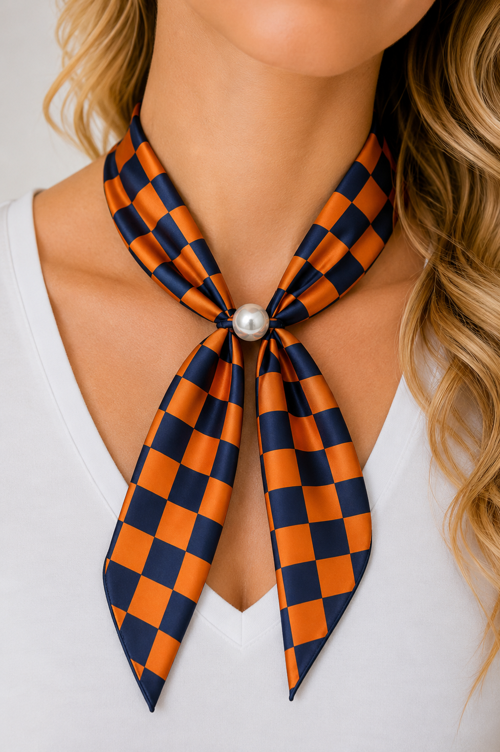 CHECKERED PEARL ORANGE/BLUE SCARF NECKLACE