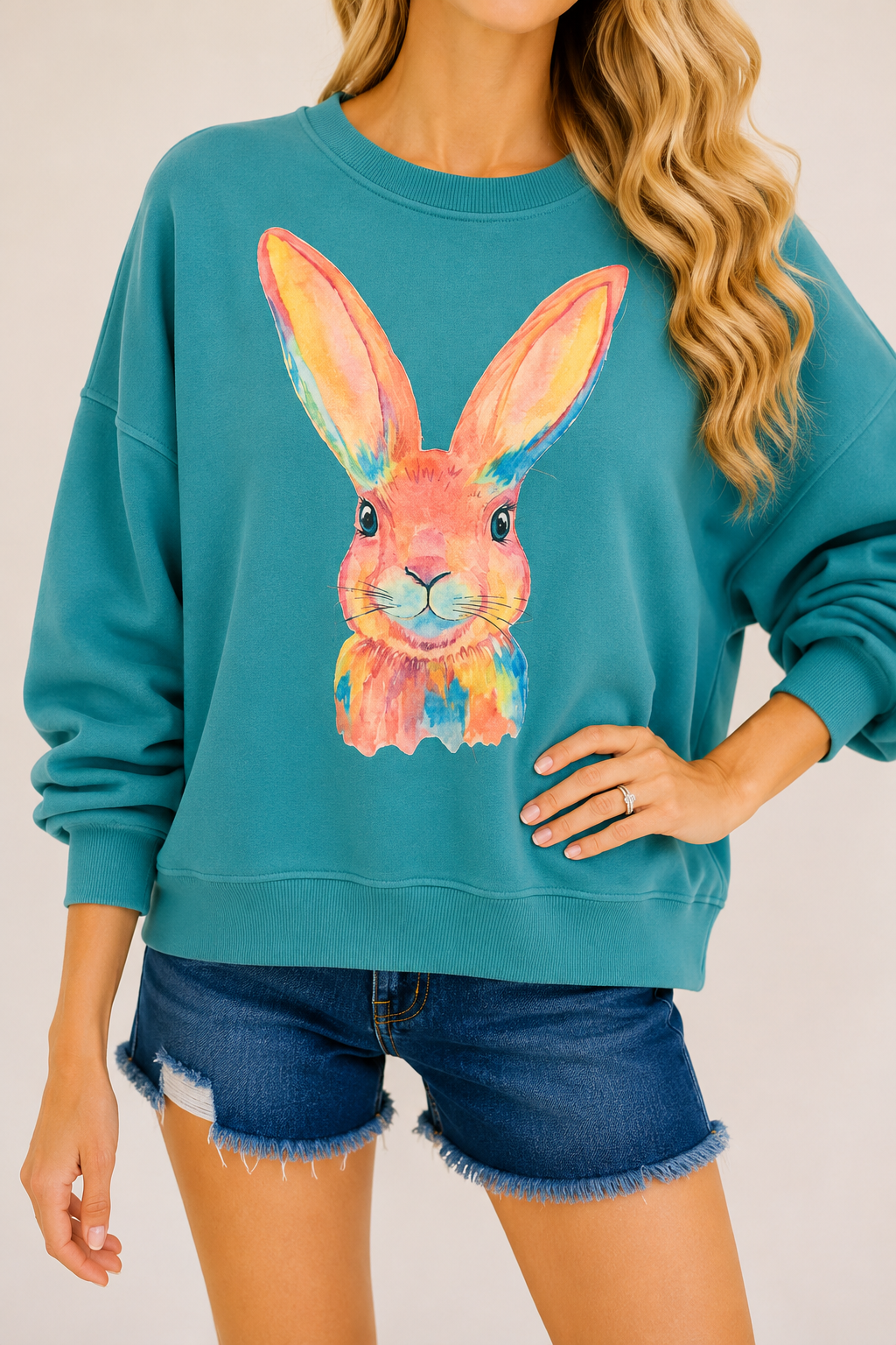 *WATERCOLOR BUNNY TEAL PULLOVER - MEDIUM