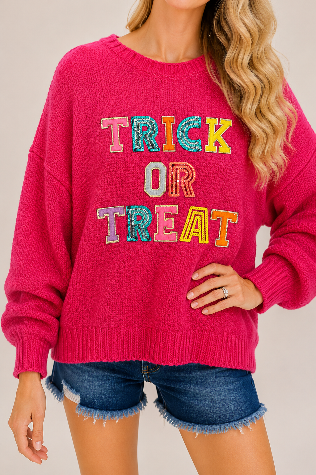 *TRICK OR TREAT PINK SWEATER - SMALL