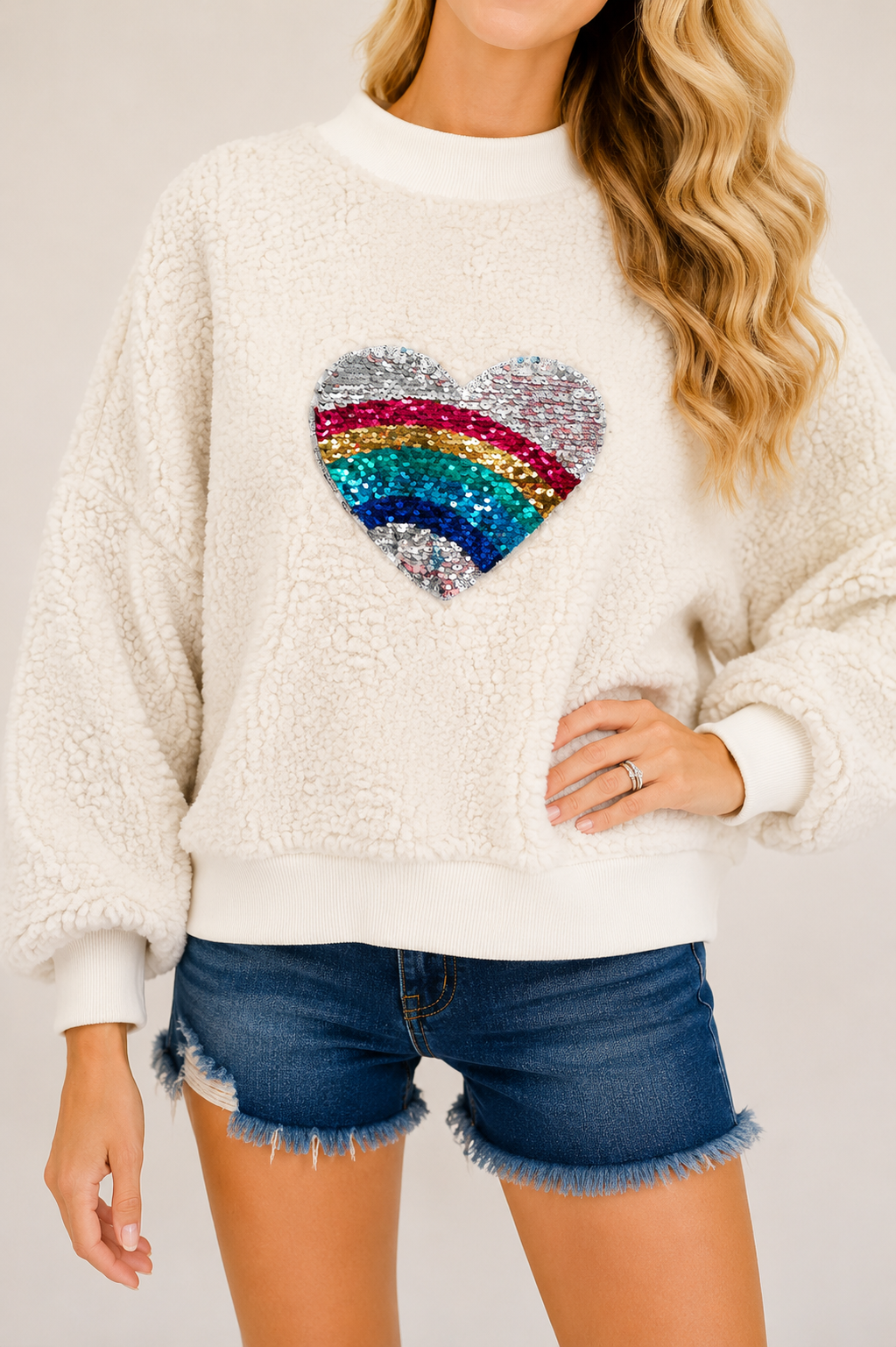 *RAINBOW HEART SHERPA CROPPED SWEATER - SMALL