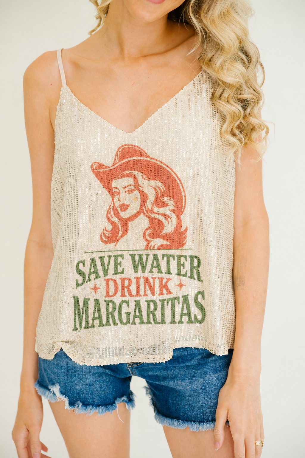 *SAVE WATER DRINK MARGS SEQUIN TANK - SMALL HAT Judith March