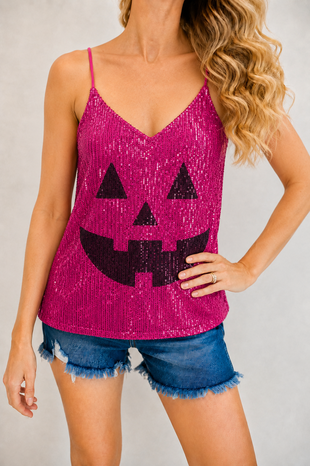 *PUMPKIN FACE PINK SEQUIN TANK- MEDIUM TEE Judith March